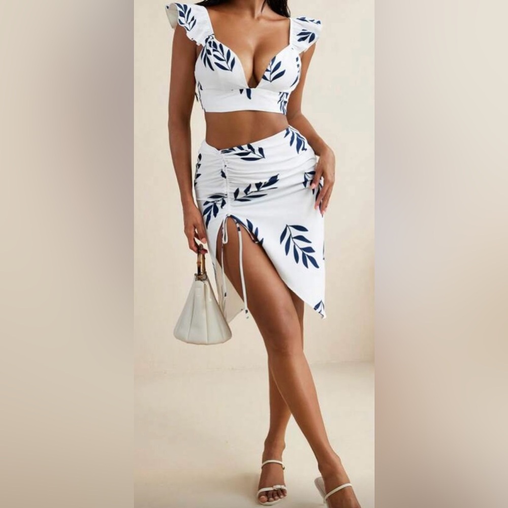 Two-Piece Leaf Print Crop Top & Skirt Set
